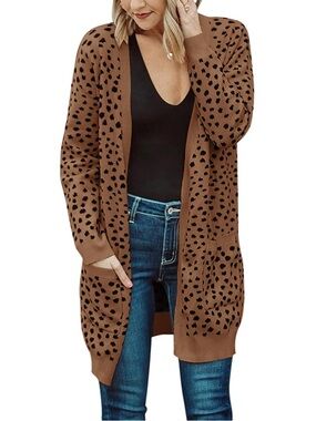 MERCOTTY Women's Open-Front Leopard Print Cardigan - Rust/Black